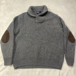 Fred Perry Sweater Men's XL Gray 100% Lambswool Shawl Neck Pullover Padded Elbow